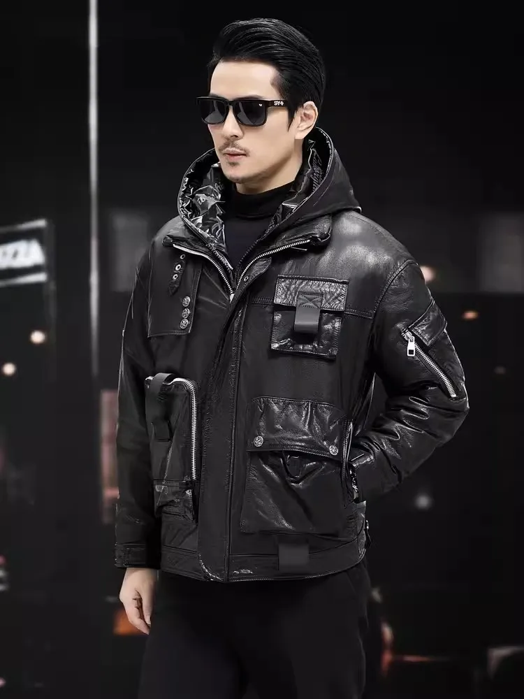 Winter Men Cowskin Genuine Leather Dowm Coat Zipper Hooded Outerwaer Warm High Street Punk Multiple Pockets Motorcycle Jacket