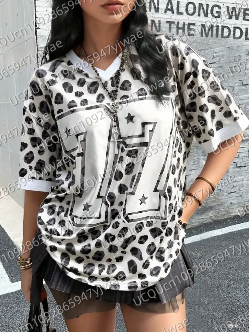 

Fashion Casual Women Sports Jersey Leopard 77 Print Short Sleeve T-Shirt Summer Baseball Jerseys Plus Size Women's Sport T-Shirt