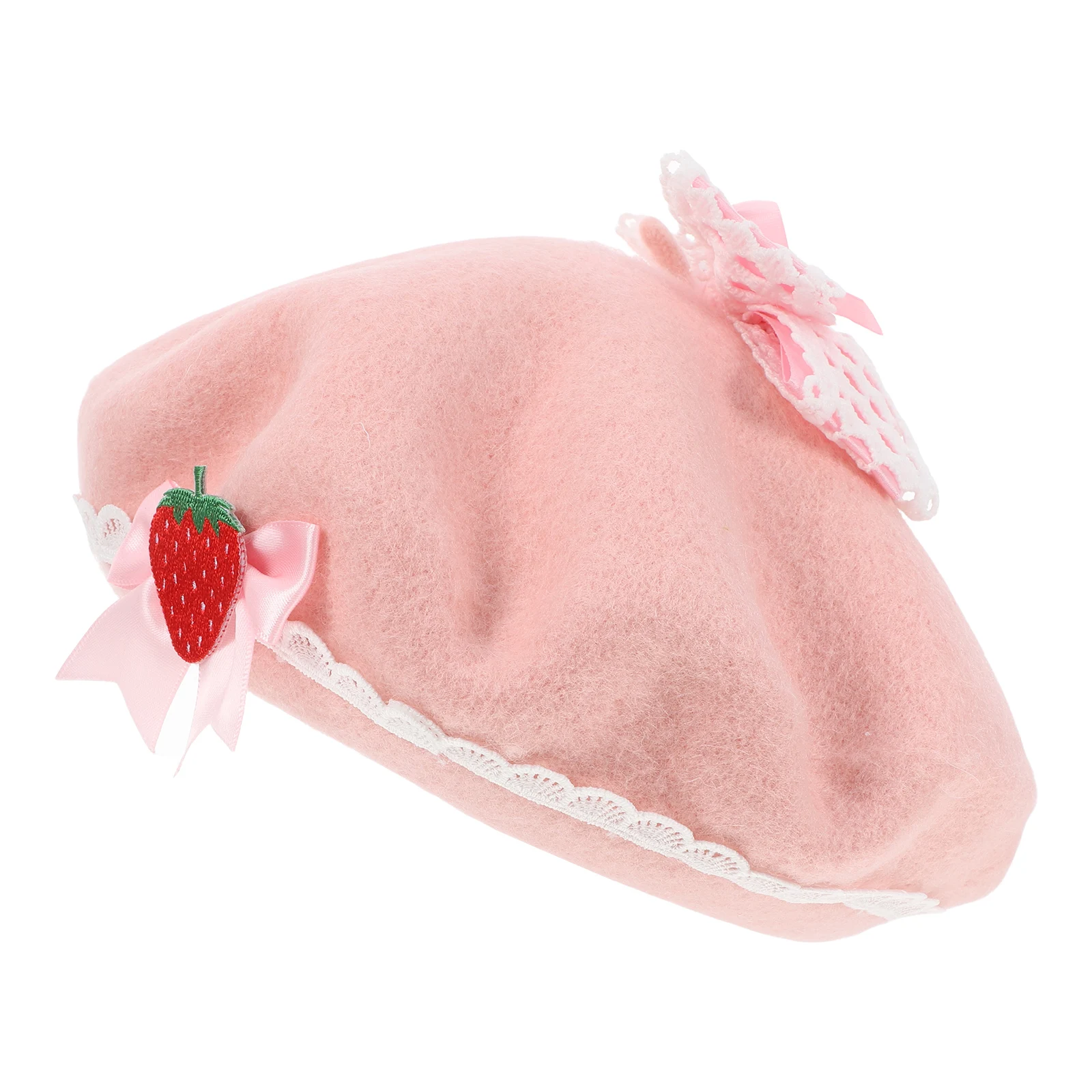 

Pink Strawberry Hat Berets Has for Women Korean Version Fashionable Wool Army Costume Woman