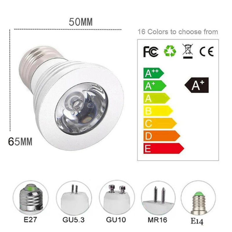 Nuevo foco LED RGB 3W E27 E14 GU10 GU5.3 MR16 con Control remoto de 24 teclas bombillas de luz regulables de Color para decoración del hogar