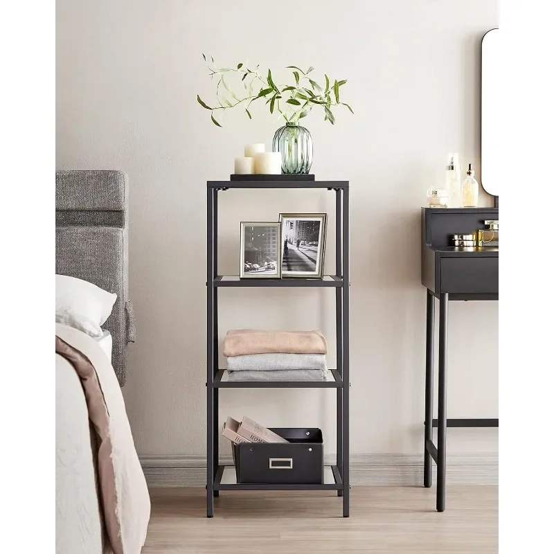 4-Tier Bookshelf, Slim Shelving Unit for Bedroom, Bathroom, Home Office, Tempered Glass, Steel Frame