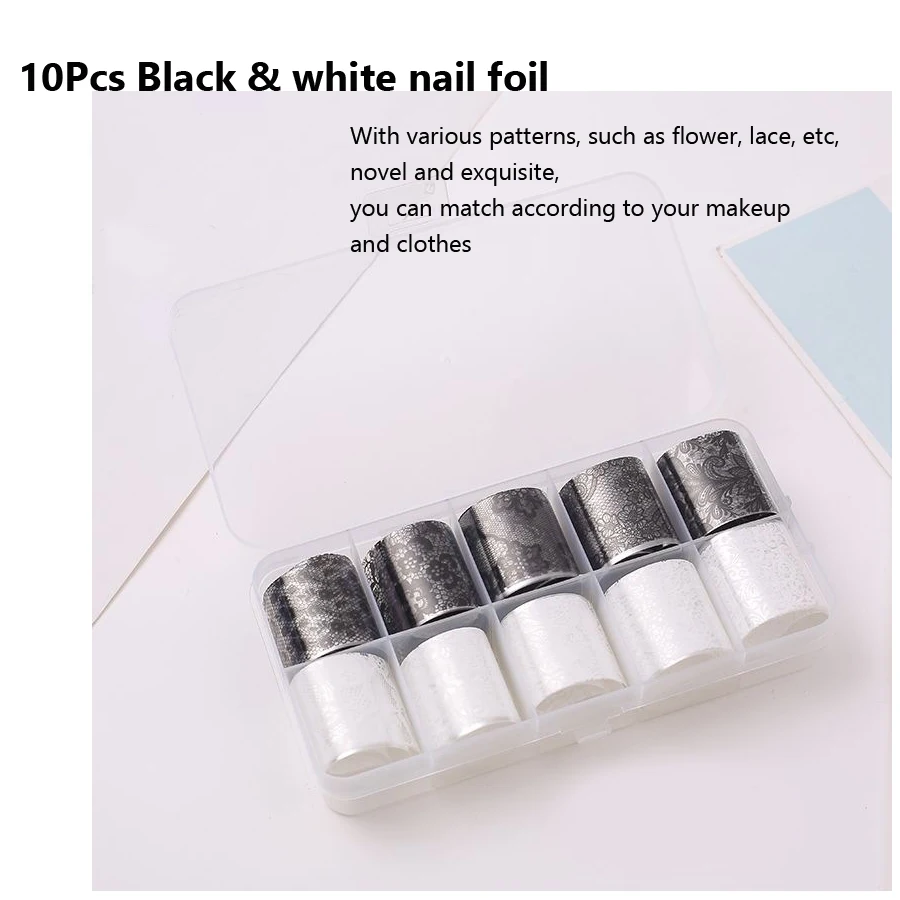 10 Rolls 2.5*60cm New Black White Lace Transfer Foil Nail Art Sexy Full Wraps Flower Glue Adhesive DIY Manicure Styling Tools