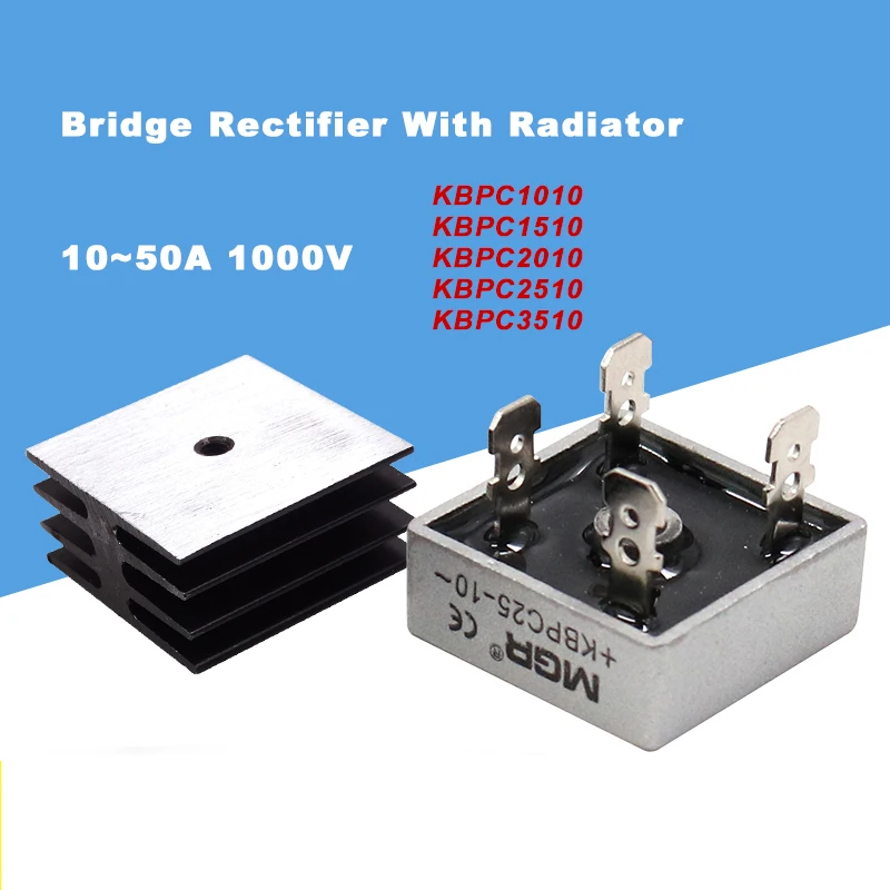 1 Pcs KBPC1010 KBPC3510 Bridge Rectifier With Radiator 10~50A 1000V KBPC1510/2010/2510/5010 Metal Enclosure Electronic Component