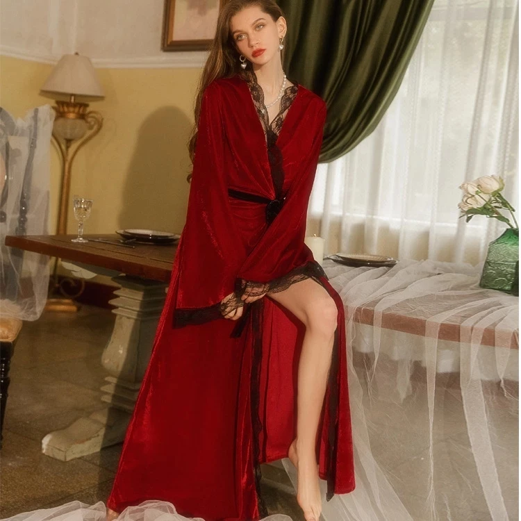 Sexy Night Robes for Women Pajamas Lace Velvet Women Nightwear Comfortable Female Nightgowns Temptation Ladies Nightdress