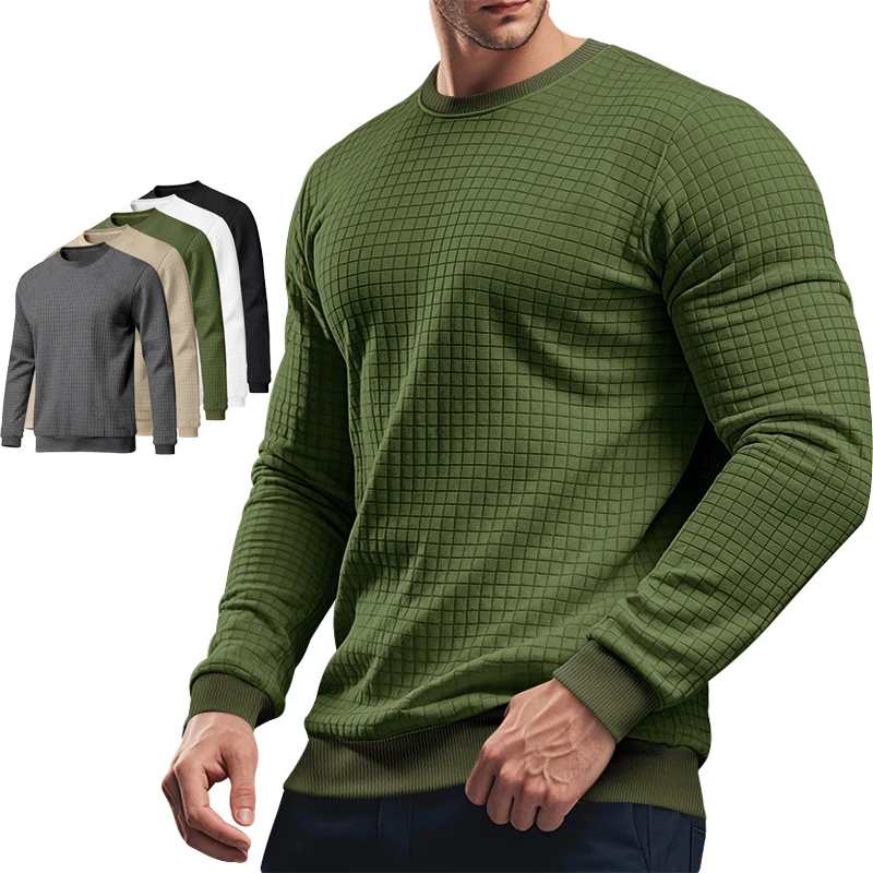 

"2025 New Men's Slim Fit Long Sleeve T-Shirt Winter Thermal Checkered Knit Tee Casual Business Casual Wear"
