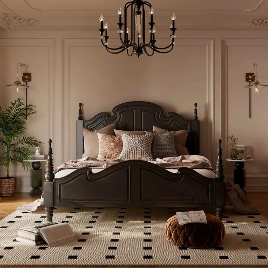 Solid wood premium black double bed 1.8 meters bedroom small apartment princess bed