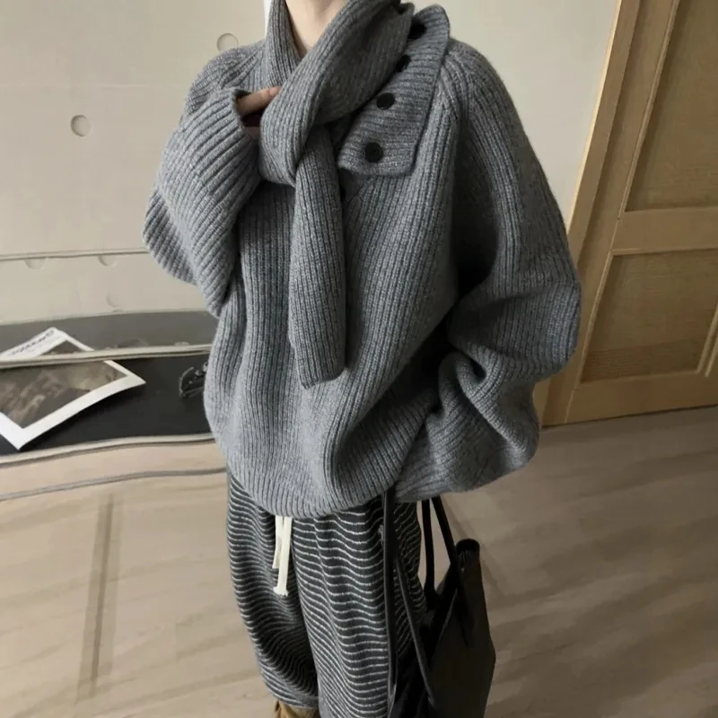 

Detachable Scarf Pullover Sweater Women's Autumn Winter Design Sense New Knitted Sweater Female Scarf Two-piece Set Ladies Tops