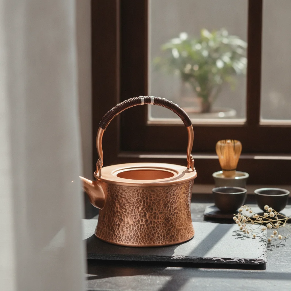 Tea Kettle with Wrapped Handle Copper-colored Hammered Metal Tea Pot Handcrafted Style for Quiet Afternoon Brew