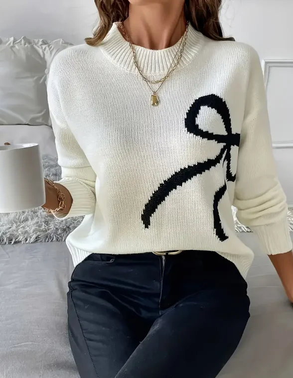 

Sweater with Fashionable Bowtie Slim Long Sleeve Top for Spring And Autumn Women's Elegant Knitwear