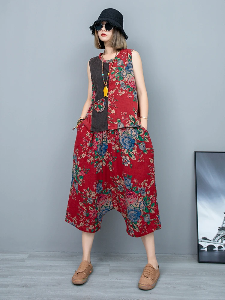 Red Flower Cotton Hemp Ear Collar Sleeveless Vest + Split Trouser Two Piece Set Women Summer Fashion Pant Set LX875F1