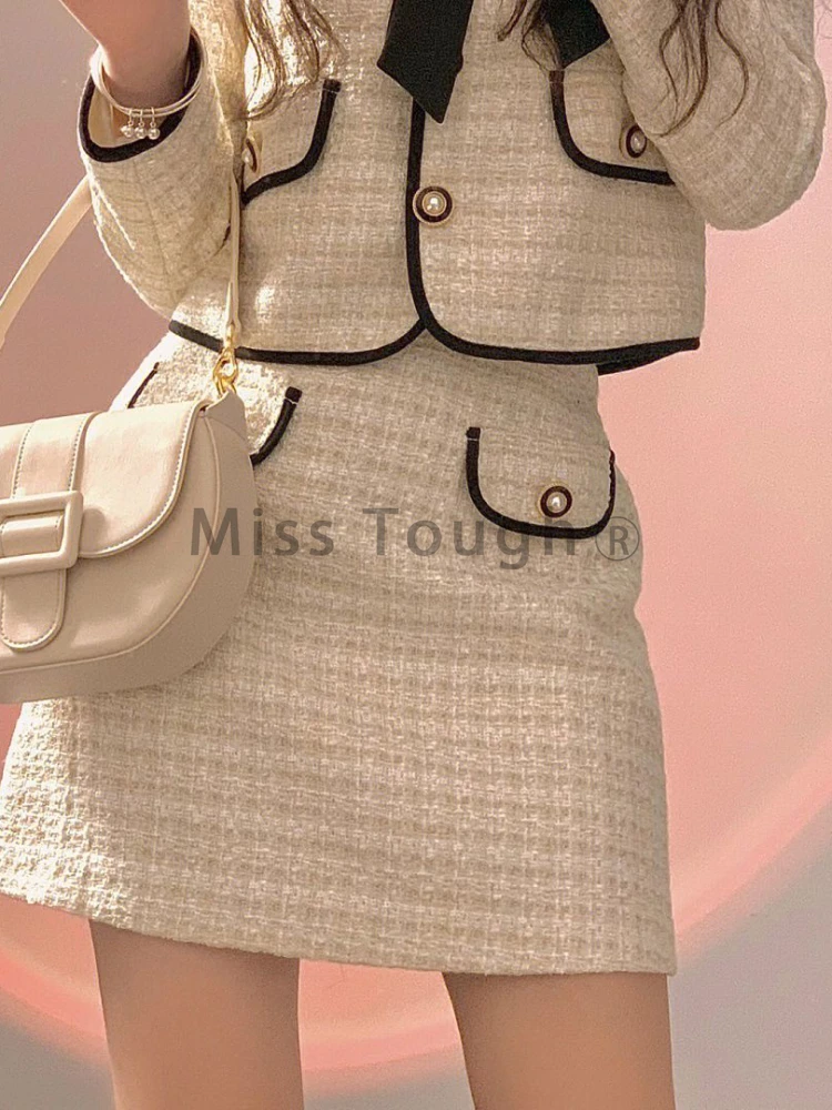 Vintage France Sweet Vintage Two Piece Set Women Chic Bow Cropped Coat + Mini Skirt Suit New Elegant Y2k Style Street Korean Set