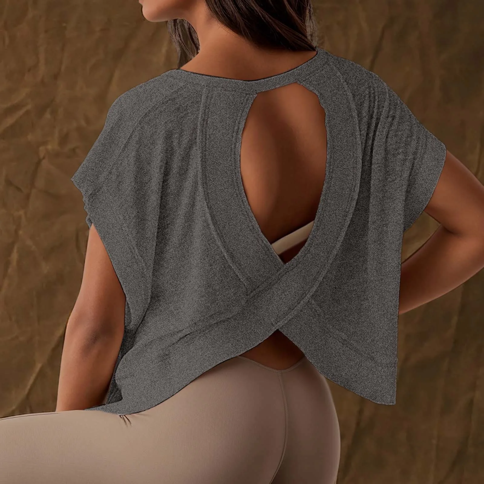 

Round Neck Back Hollow Out Short Sleeve Solid Color Hoodies Women's Open Back Workout Tops Oversized Loose Backless Sweatshirts