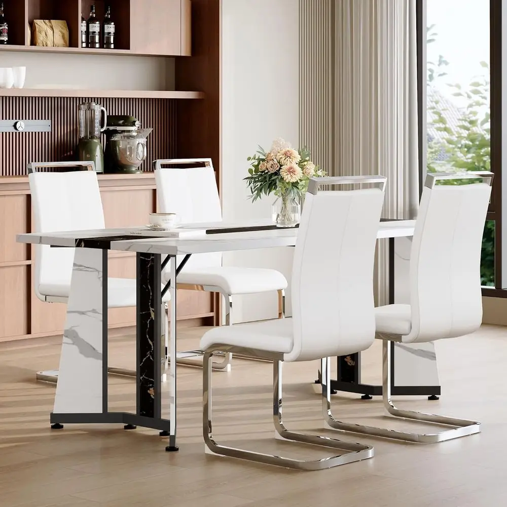 

White Marble 71 Dining Table Set for 4 with Grey Fabric Chairs, Spacious Legroom, Easy Assembly