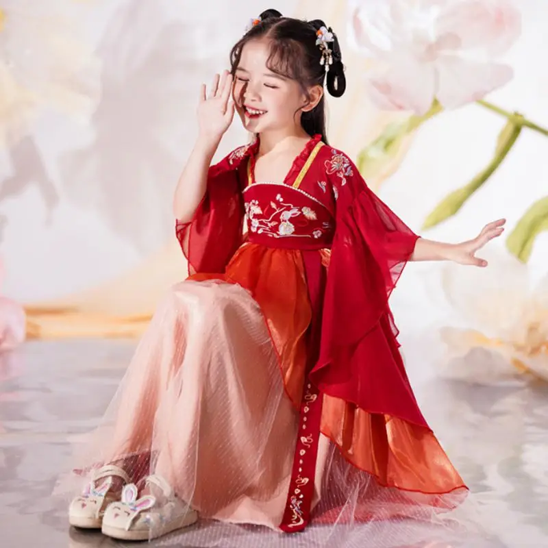 Disfraz de princesa tradicional china para niñas, vestido Hanfu rojo para niños, primavera y verano, Año Nuevo