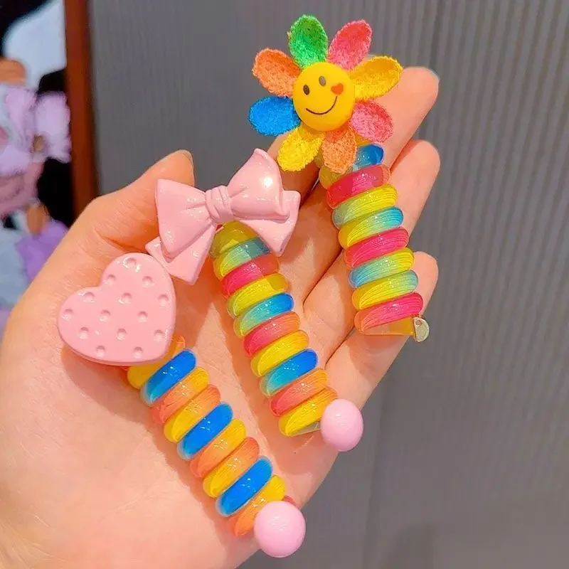 Rainbow Children's Rolling Telephone Cable Hair Loop Cute Cartoon Colorful 2023 New 3-6 Year Old Kindergarten Hair Accessories