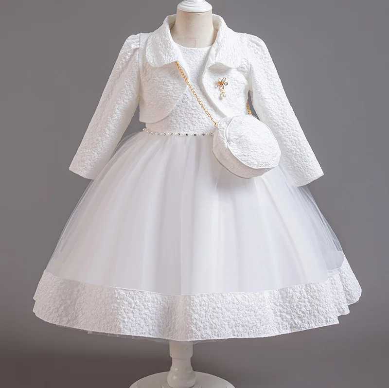 Spring Flower Girl Elegant Dresses for Wedding Girls’ Formal Dress with Bag 3 PC Set Long Sleeve Kids' Clothes 3 to 12 Years image 6