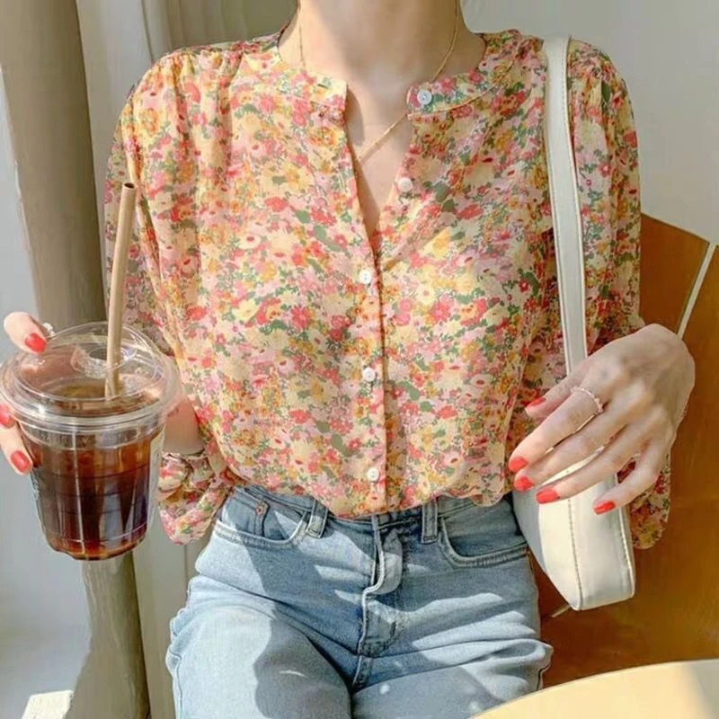 Blusa de gasa con estampado Floral para mujer, camisa informal de manga larga, cuello en V, holgada, estilo coreano, diseño Retro