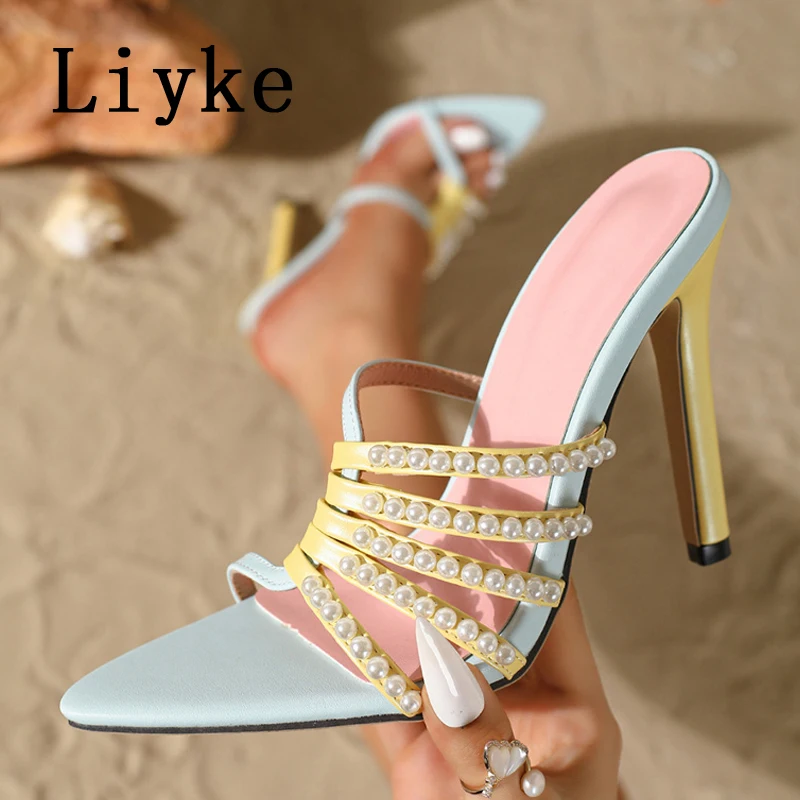 

Liyke Summer Fashion Pearl Narrow Band Women Slippers Sandals Street Sexy Pointed Open Toe Thin High Heels Ladies Slides Shoes