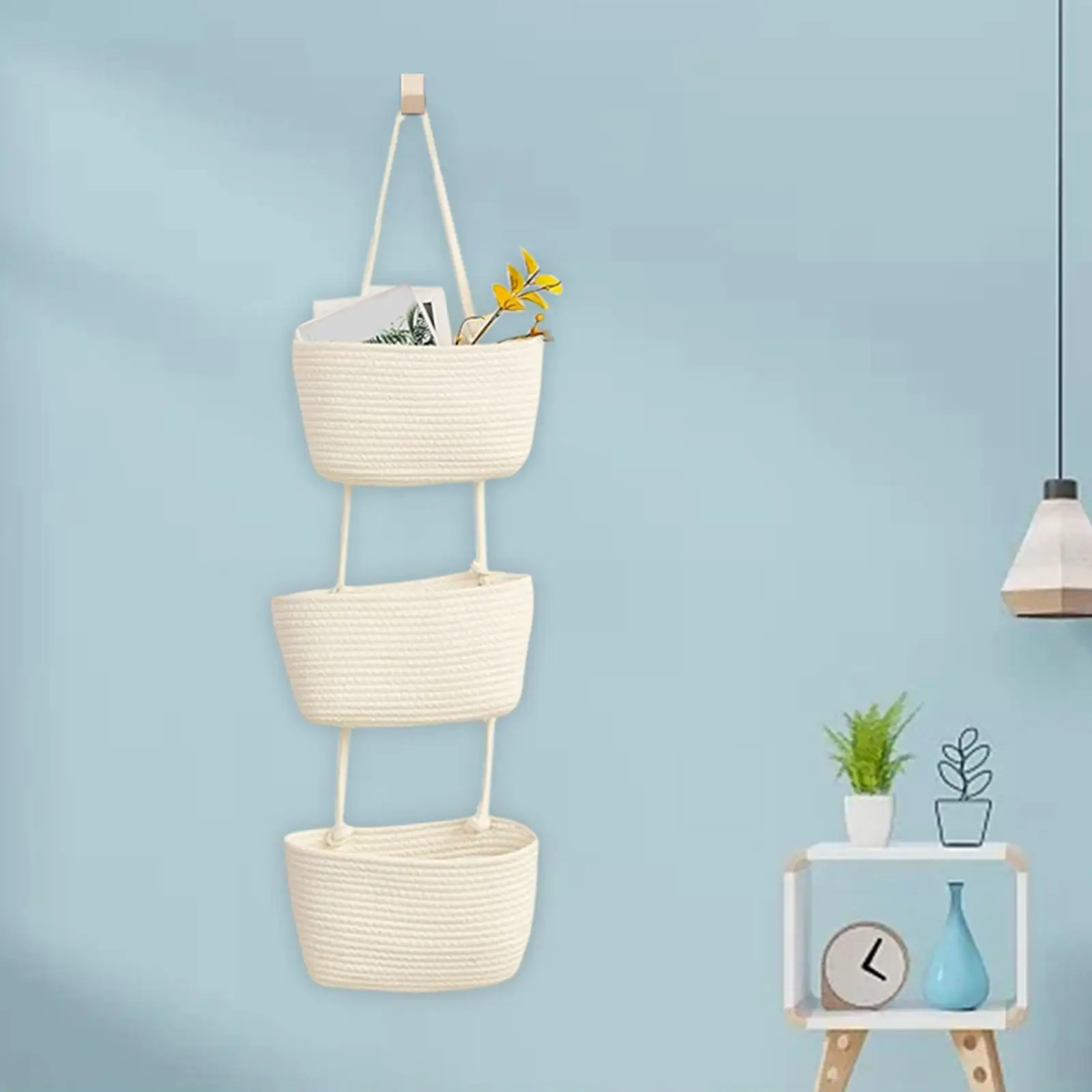 Cotton Rope 3 Tier Hanging Basket Wall Mount Organizer Hand Woven Multifunctional Decorative Magazine Rack for Kids Room Holder