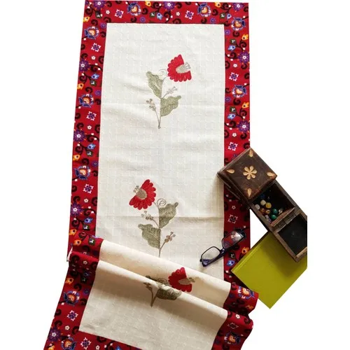 

Wellstil Red Color Flannel Detailed Flowers Embroidered Authentic Runner