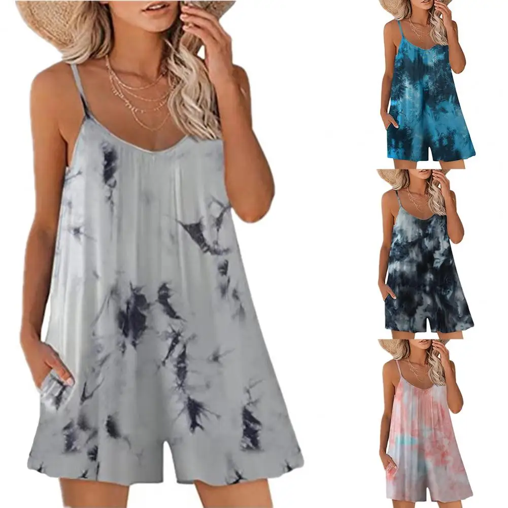 

tie-dyed Women Loose Style Overalls Boho Solid Color Square Collar Playsuits Sleeveless Rompers Summer Casual Clothes