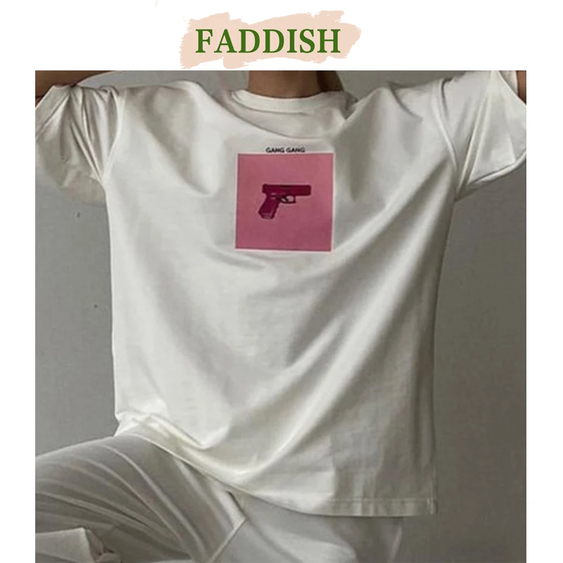 FADDISH 2024 Summer Women Fashion Loose Round Neck Print Versatile T-Shirt Female Casual Short Sleeve Cotton Tees Tops