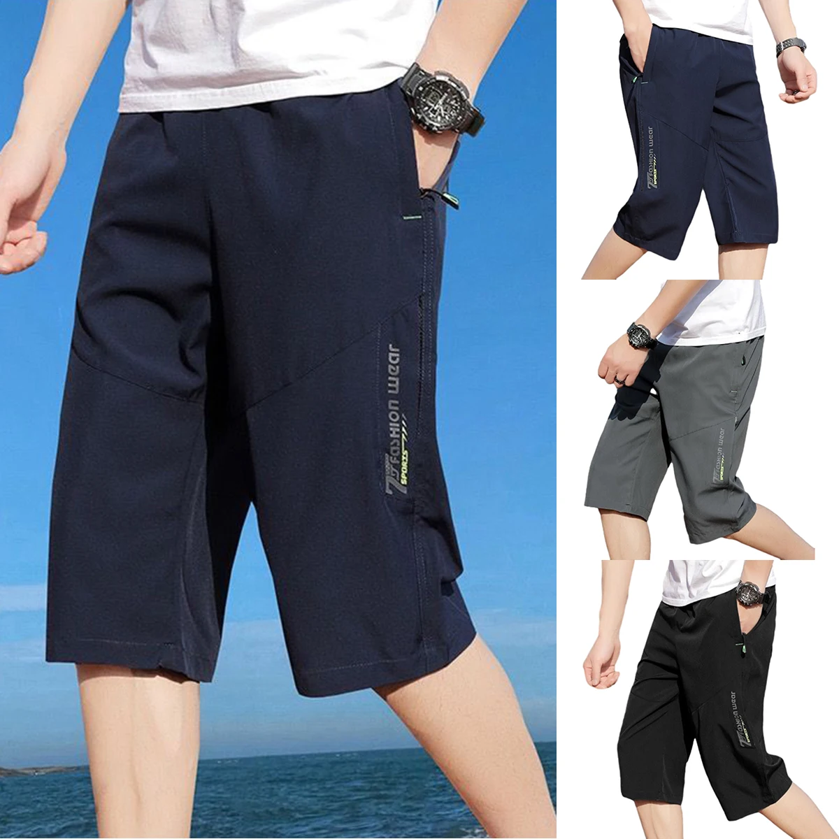 Men\'s Seven-minute Trousers Summer Sports Casual Shorts Pants Thin Section Straight Loose Seaside Beach Holiday