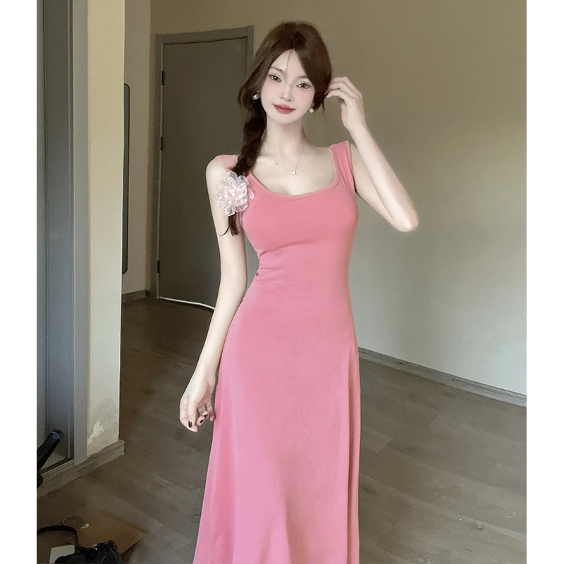

Spice Girl Sexy Strap Dress Women's Summer Sleeveless Slim A-line Solid Color Long Dress Fashion Female Clothes