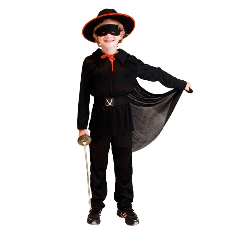 Hero Zorro Cosplay para crianças, fantasias de dia infantil para meninos, fantasias Purim para crianças, cavaleiro mascarado preto, vestir-se