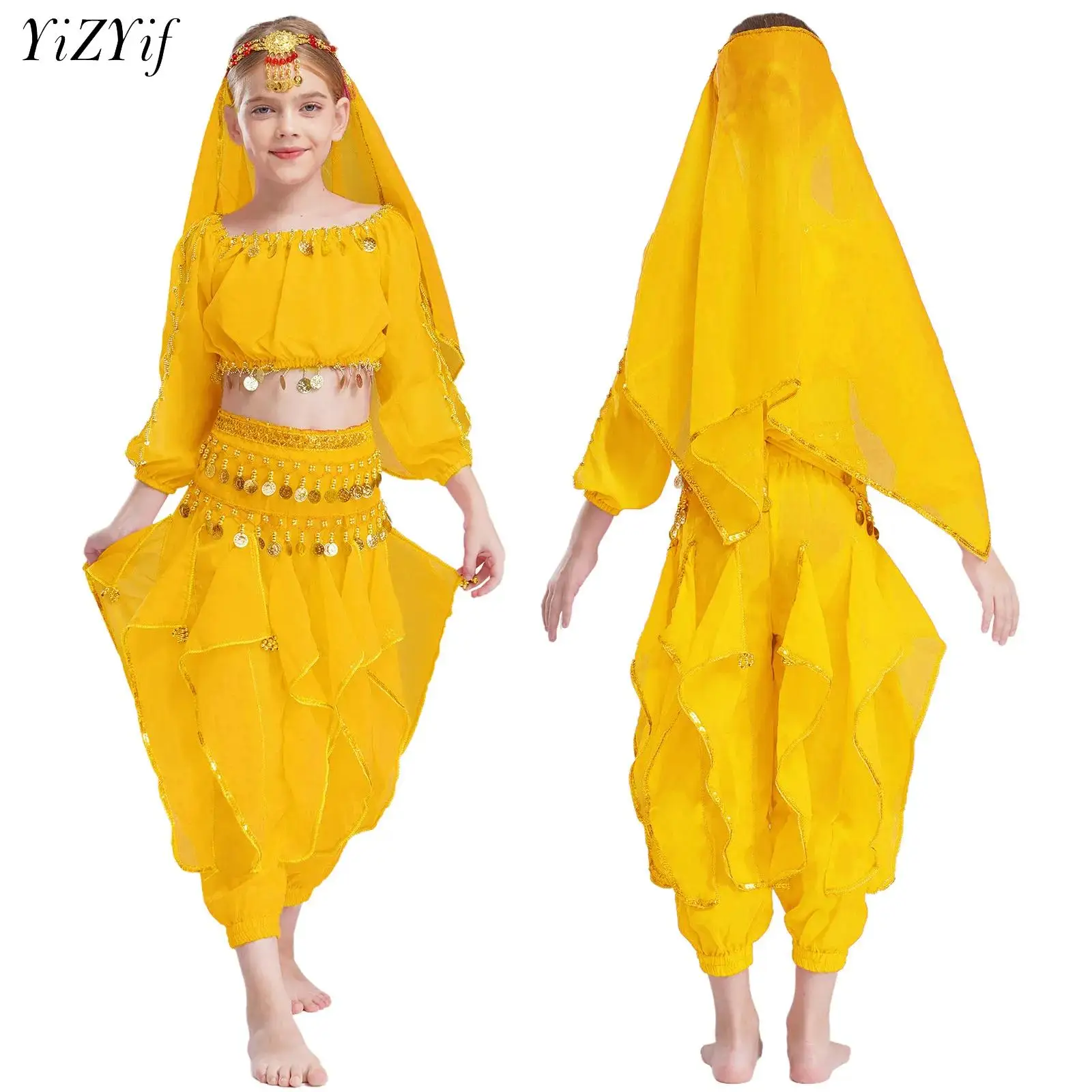 Stage Chiffon Children Indian Belly Dance Girl Costume Halloween Performance 4pcs Sets Kids Dancing Cloth Outfits