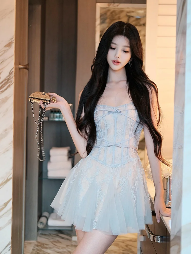 

Elegant Lace Short Dress Women's Birthday Gift Heavy Embroidery Mesh Splice Sexy Fishbone Waist Cinch Strapless Dress