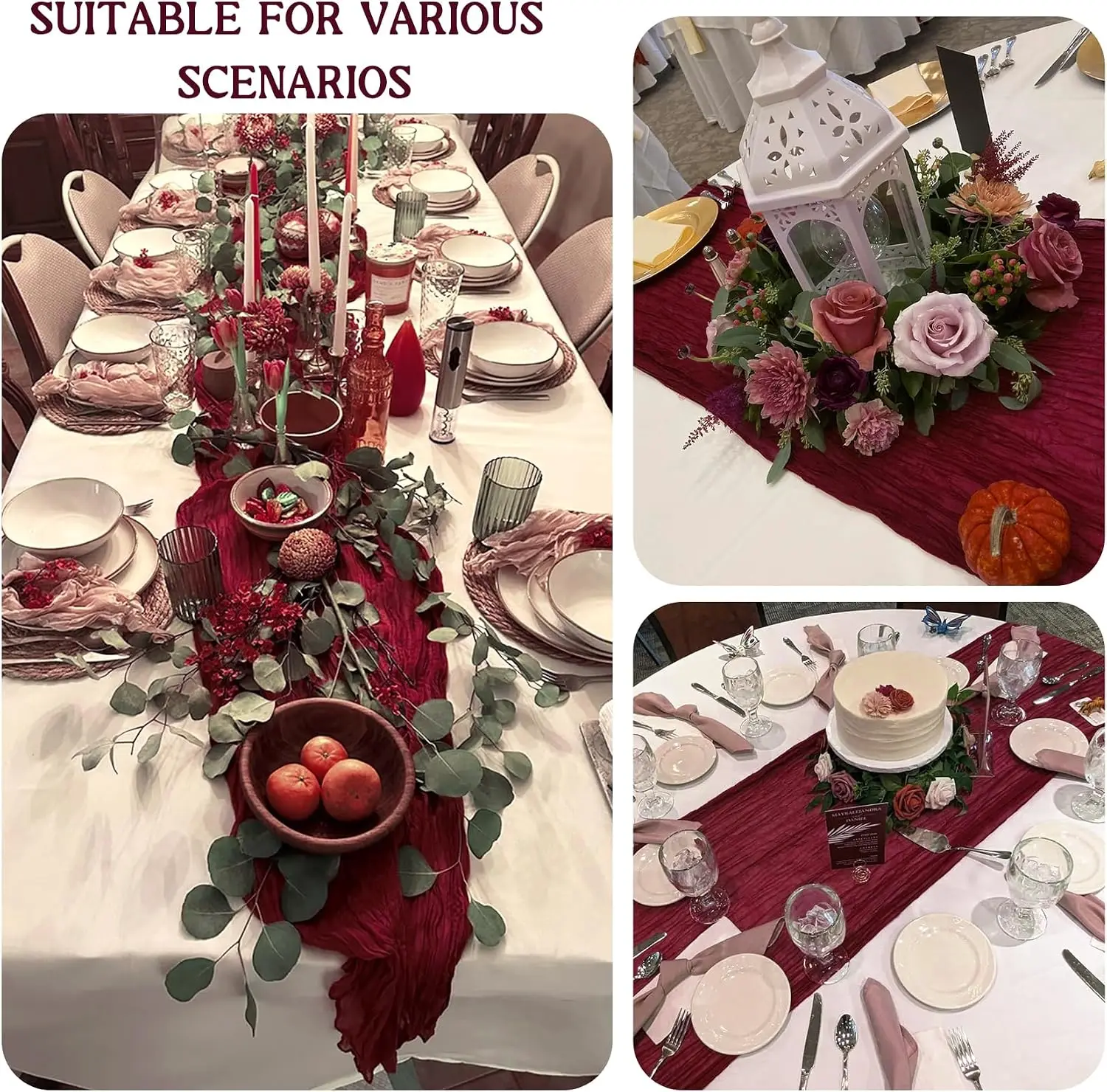 3-teiliger Tischläufer aus Käsetuch, Burgunderrot, 120 Zoll, transparente Gaze, Boho, rustikal, für Hochzeit, Brautparty, Babyparty, Geburtstag, Ostern