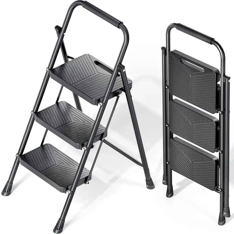 

Трехступенчатая лестница-стремянка, складная, с системой SafeLock, прочная стальная лестница грузоподъемностью 500 фунтов, с широкими противоскользящими ступенями, удобная ручка-поручень.