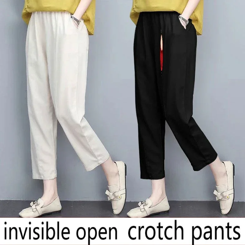 Invisible open crotch pants, pure cotton Harlan pants, women's summer loose and slimming cropped pants, convenient for couples