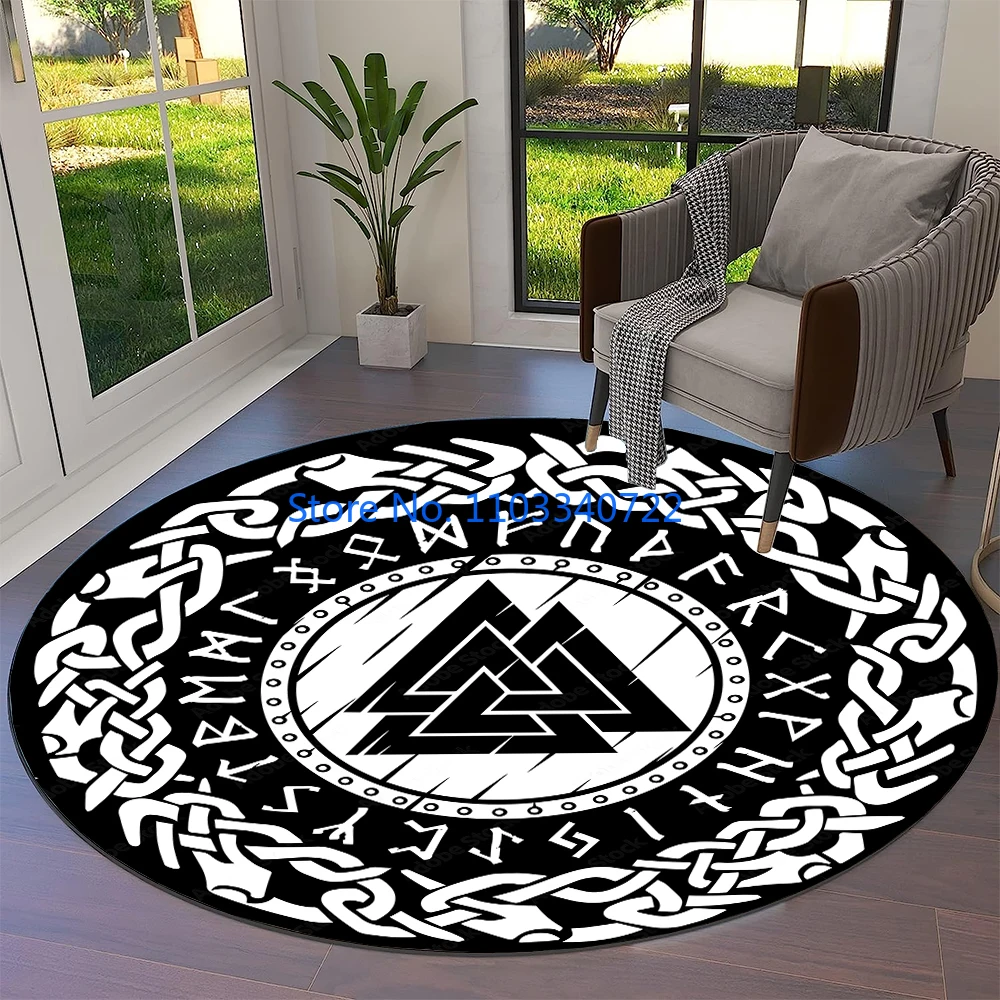 Tree of Life Viking Yggdrasil Valknut Round  Rug Round Carpet 120cm Crawling Game Non-slip Play Floor Mat for Kids Decor