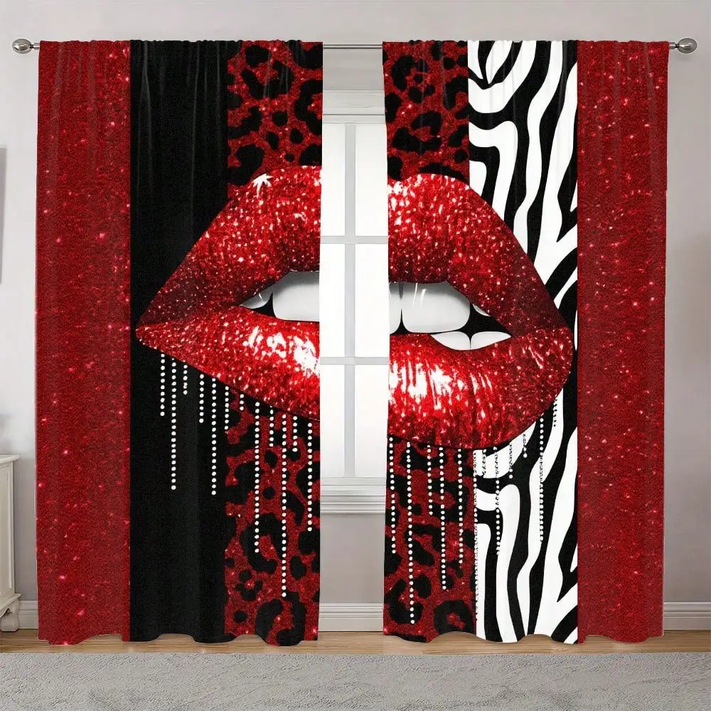 2D Flat 2pcs Blackout Curtains Set With Red Glitter Lips Leopard & Zebra Print Panels - Sparkling Glossy Lipstick Design Grommet