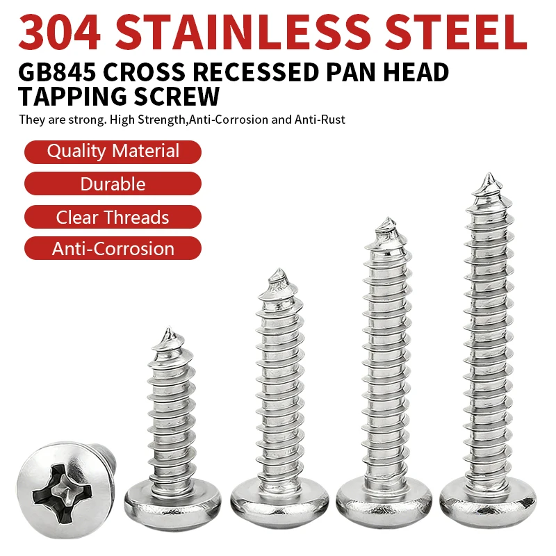 GB845 Phillips Pan Head Self Tapping Screws 304 Stainless Steel Sheet Metal Screws ST/M2.2 M2.9 M3.5 M3.9 M4.2 M4.8 M5.5