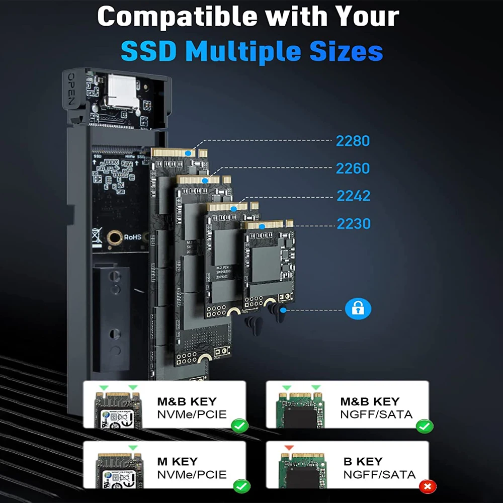 Dual Protocol M2 NVMe NGFF SATA SSD Case 10Gbps HDD SSD Box to USB3.1 External Enclosure for 2230 2242 2280 for WD/Samsung M2