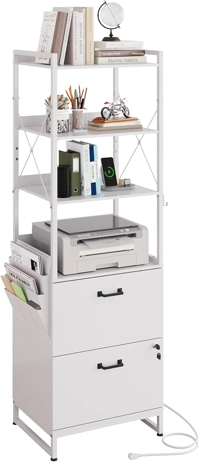 

2 Drawer File Cabinet with Lock Charging Station Adjustable Shelf Tall Filing Cabinet for Office Home Storage Organizer Metal