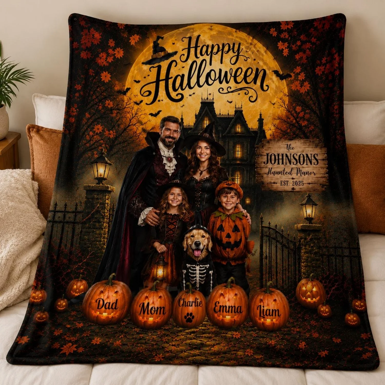1pc Halloween Spooky Family Keepsaake Blanket,Family Photo Blanket, Haunted Family Portrait Gift