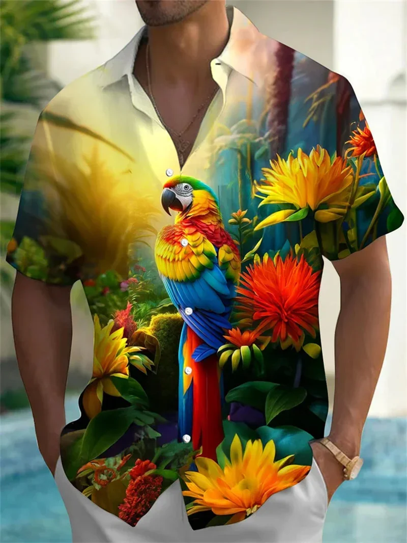 Men's Personalized Custom 3D Flower and Bird Shirt Short-sleeved Lapel Button Hawaiian Beach Outdoor Shopping Fashionable Thin