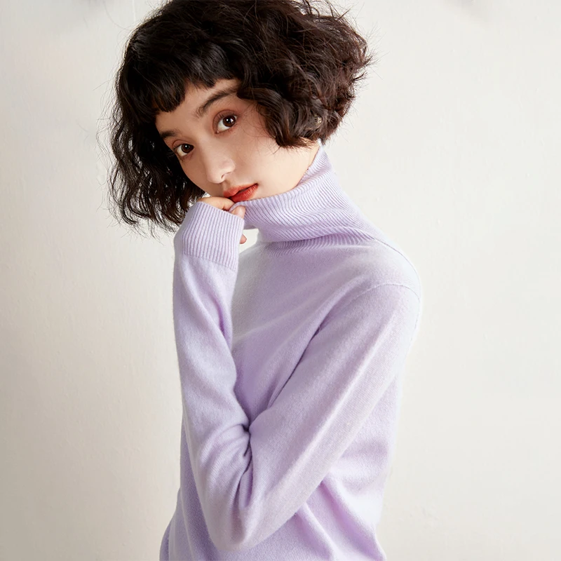 First line ready to wear seamless pile collar 100% cashmere sweater women's soft and sticky high neck style pullover knitted top
