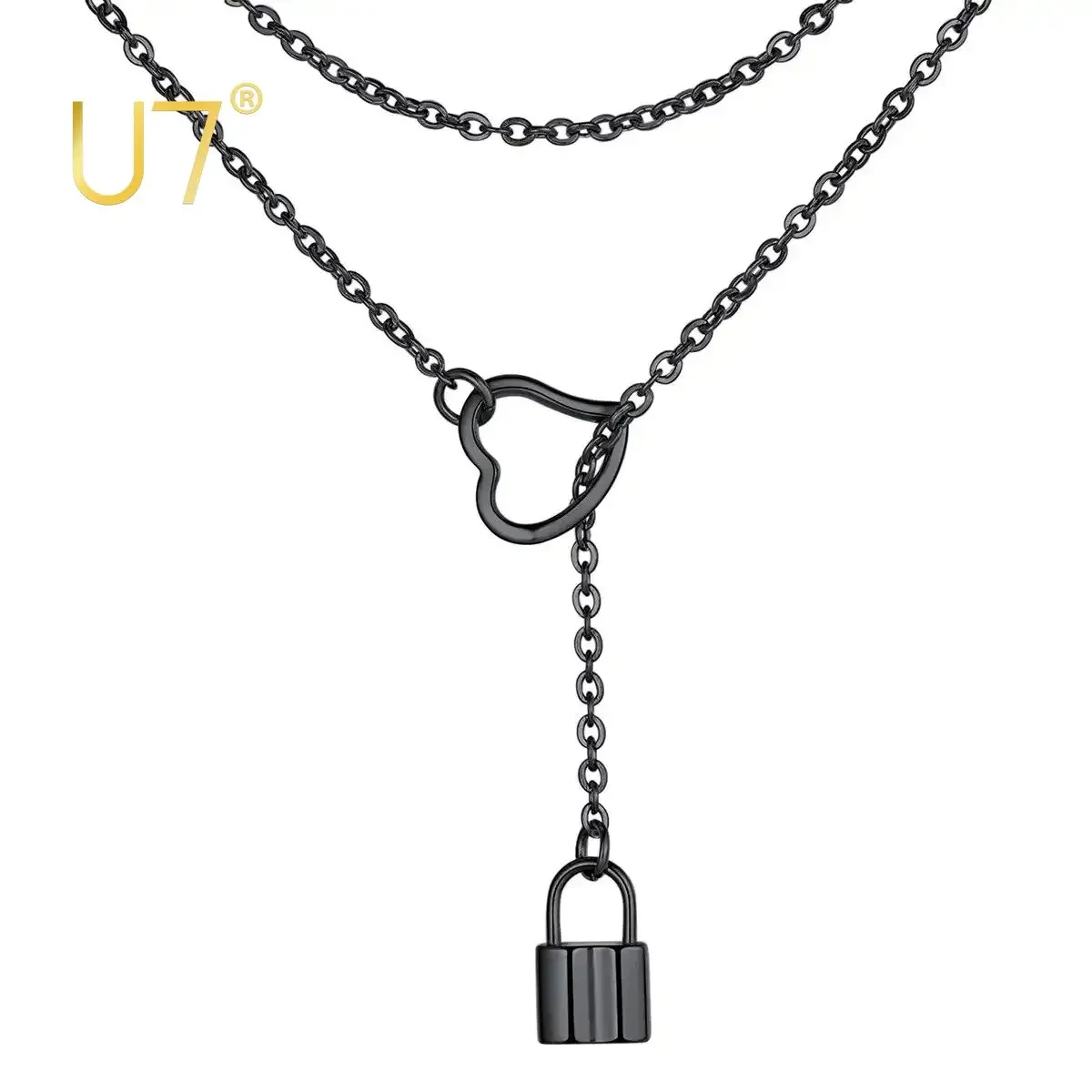 

U7 Lariat Y Necklace for Women Heart Lock Padlock Necklace Looped Open Front Adjustable Long Chain Jewelry QC24