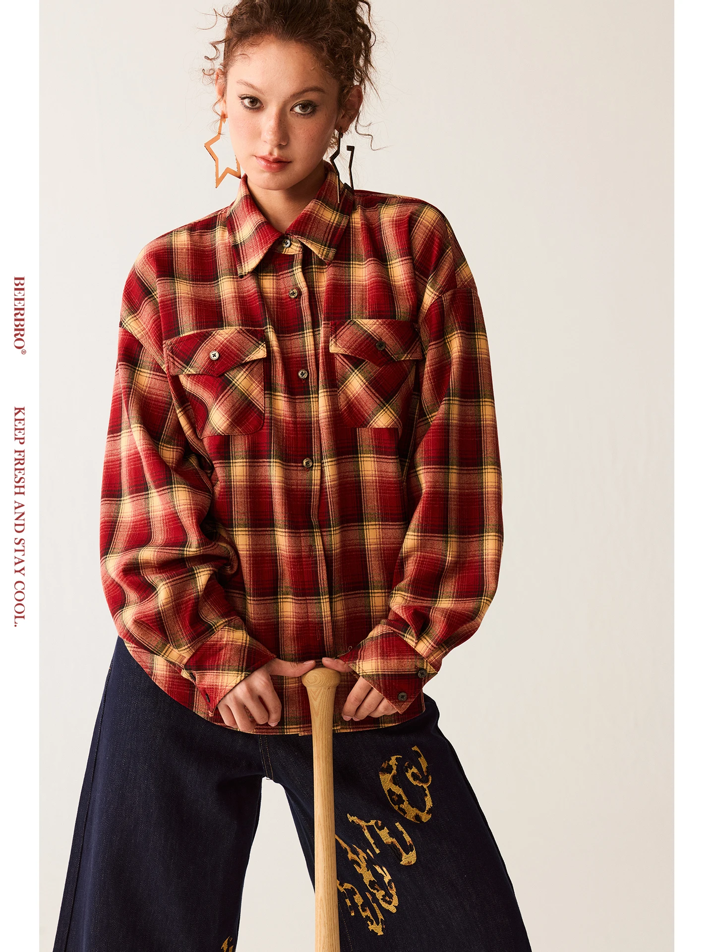 

Retro Sound Wave American Casual Loose Brued Plaid irt Jaet BeerBro Women's Spring Faion Breathable Long Sve