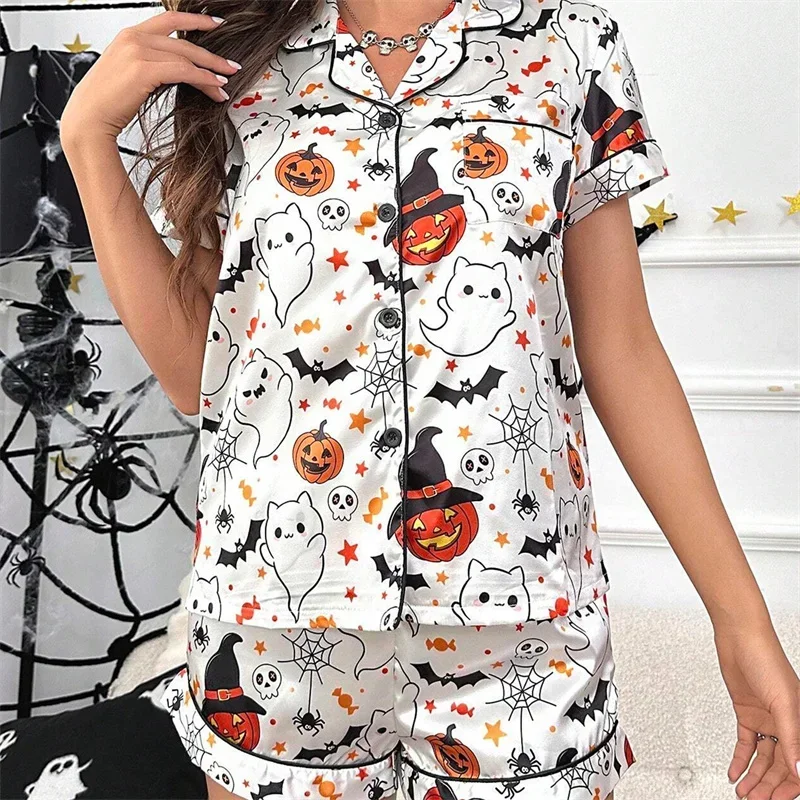 Women Halloween Pajama Set Ghost Pumpkin Print Short Sleeve Buttons Up Shirts Tops with Shorts Sleepwear Loungewear