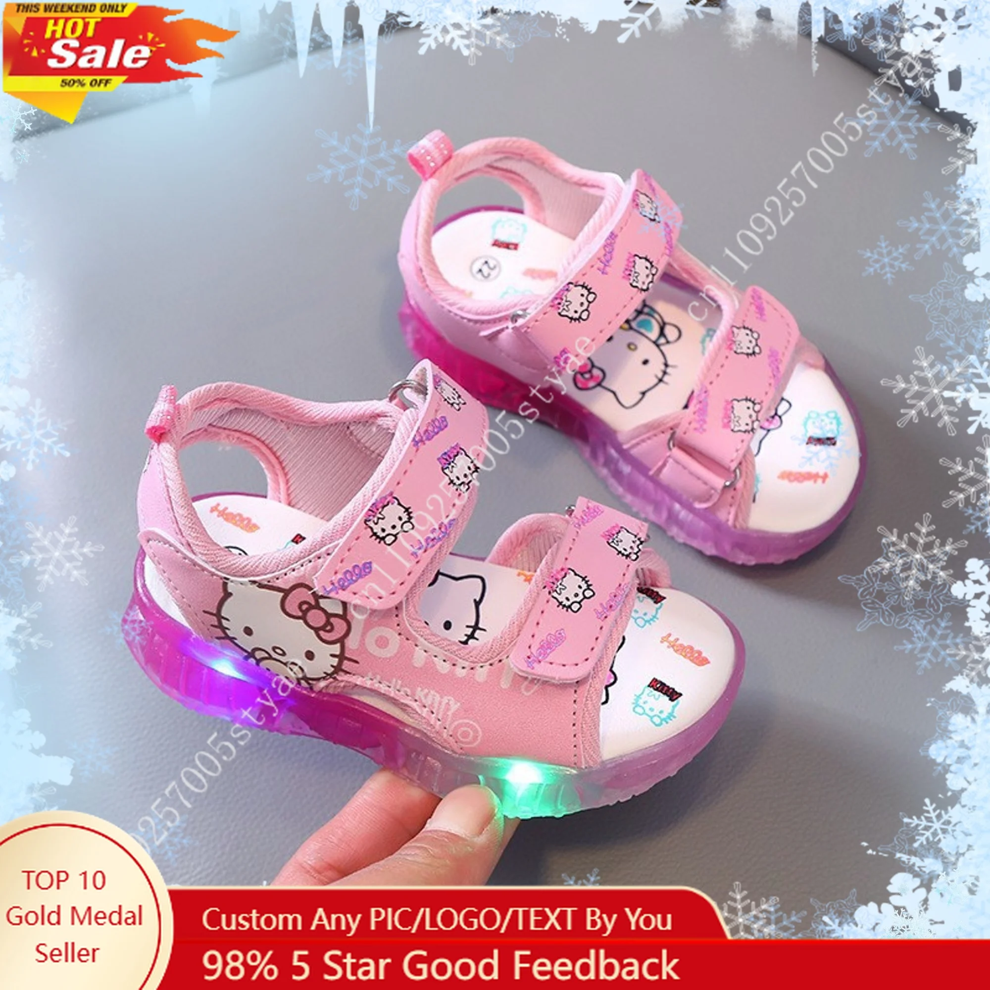 

Sanrio Hello Kitty Girls' Summer Cartoon Design Light-Up Sandals with Adjustable Straps Breathable Fabric Lining and Rubber
