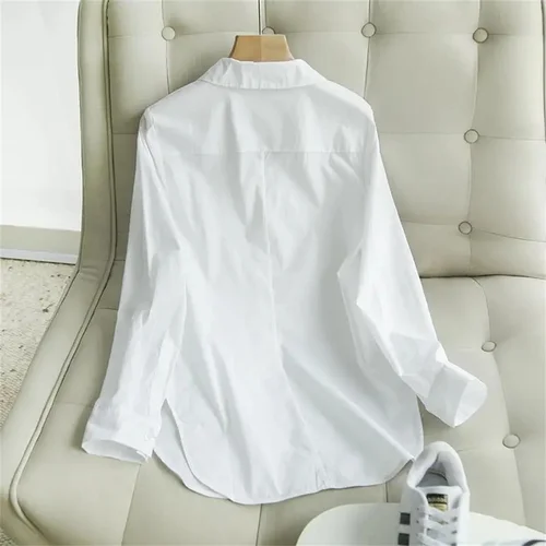 Imagen 2 del producto Camisa blanca de primavera y verano para mujer, versión básica coreana, camisa holgada informal de oficina, Top profesional de trabajo de Color sólido