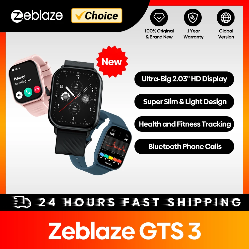 Neue Zeblaze GTS 3 Smartwatch mit Sprachanruf, extrem großer 2,03'' HD-Bildschirm, 24-Stunden-Gesundheitsmonitor, 100+ Sportmodi, 200+ Zifferblätter