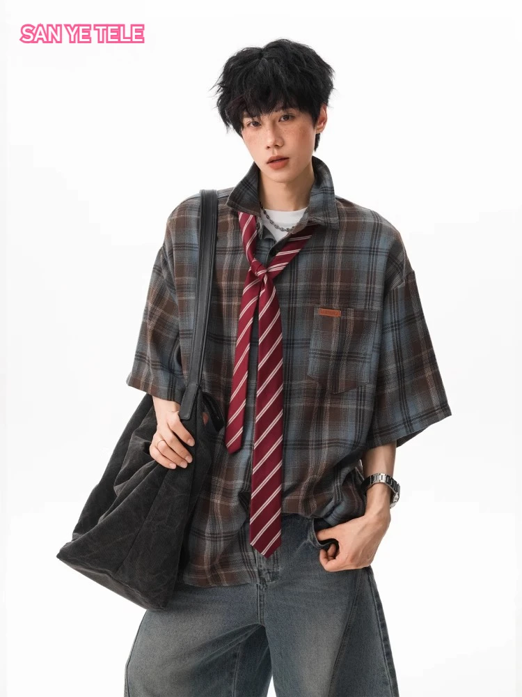 

Весенне-летняя винтажная клетчатая рубашка большого размера, мужские свободные повседневные рубашки для пар с короткими рукавами, удобный модный топ