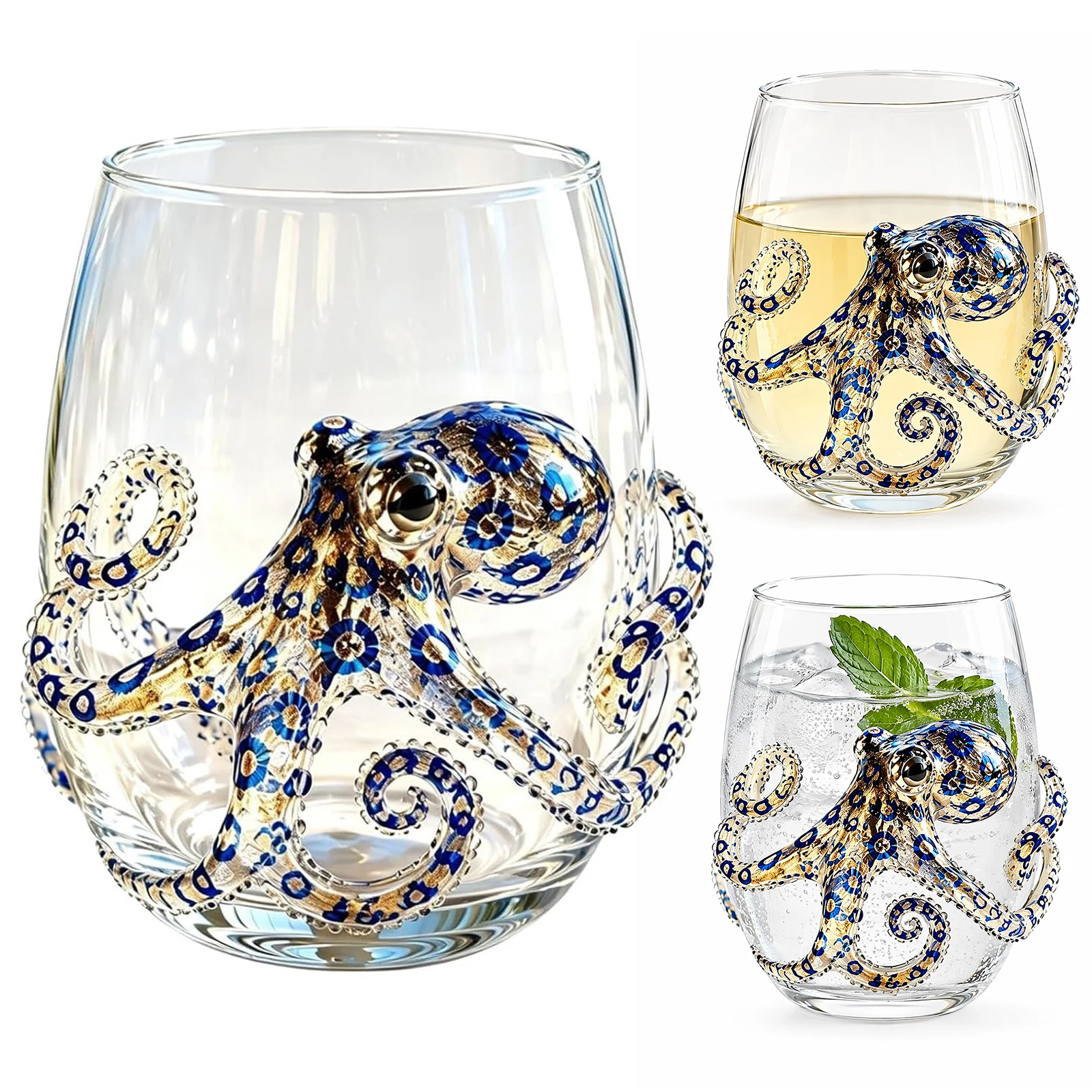 Ocean Octopus Glass Jellyfish Cup Shark Glassware 12oz 3D Clear Novelty Coastal Marine Animal Drinking Glass Wine Glasses